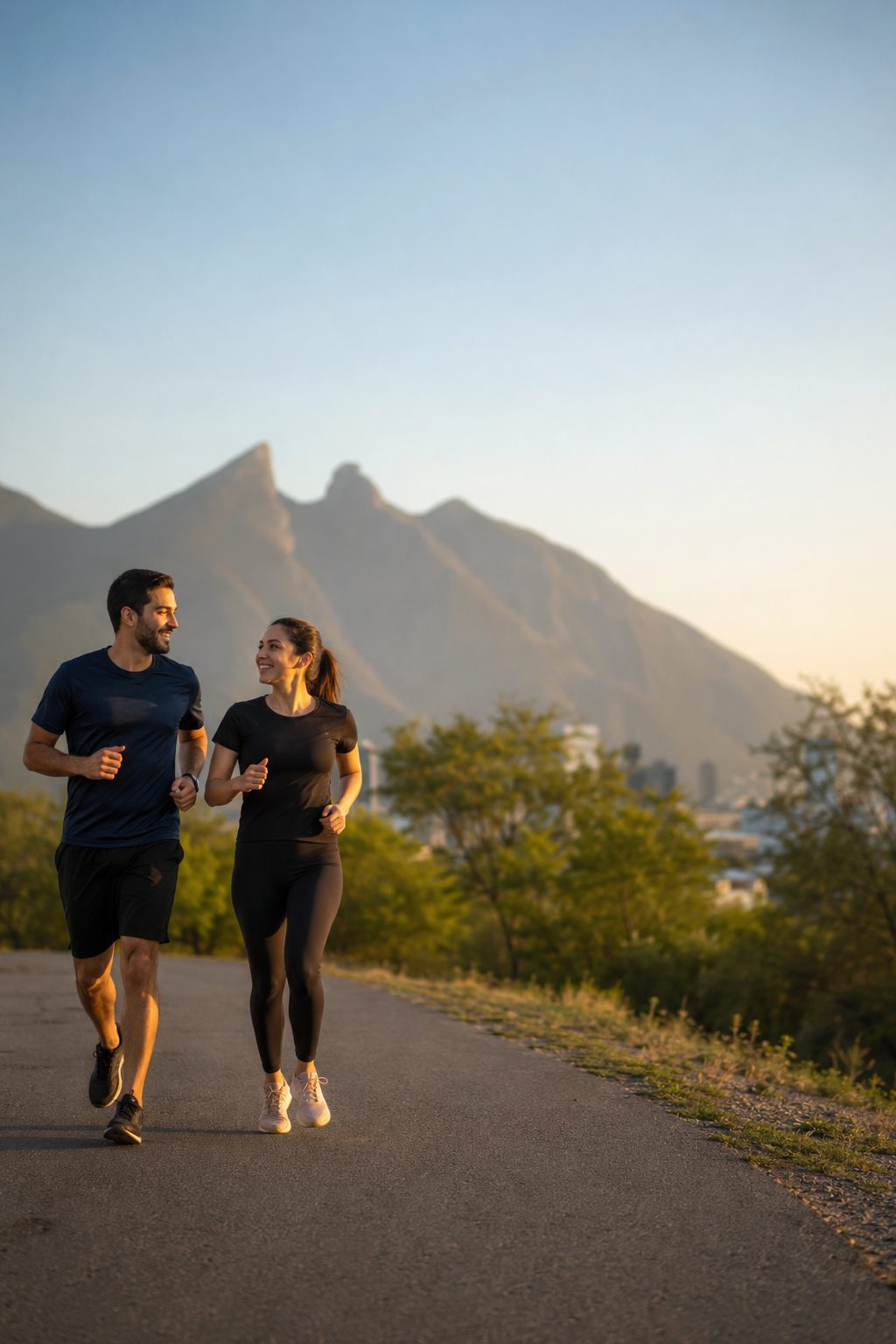 Dos corredores con el Cerro de la Silla al fondo